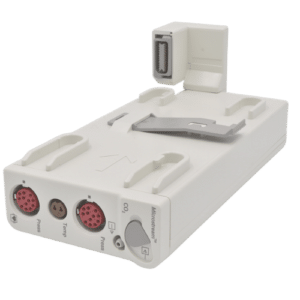 A white electronic device with multiple ports, including two red circular ports and a small round port. It has a rectangular area on its top side and a clip-like attachment. The device appears to be made for connectivity or data transfer.