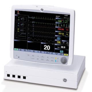 A medical patient monitor displaying various vital signs, including heart rate, blood pressure, and oxygen saturation. The screen shows different waveforms and numerical readings in green, yellow, and blue on a white unit.